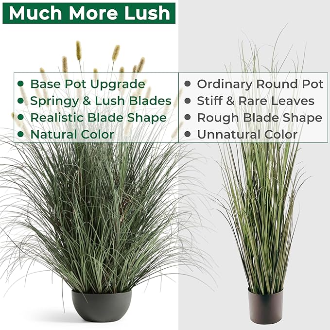 4ft Onion Grass, Artificial Plant and Greenery, Fake Floor Plants Indoor Outdoor, Potted Faux Green Bristlegrass with Yellow Spikes, Large Size Horsetail Reed Grass, House Decorative