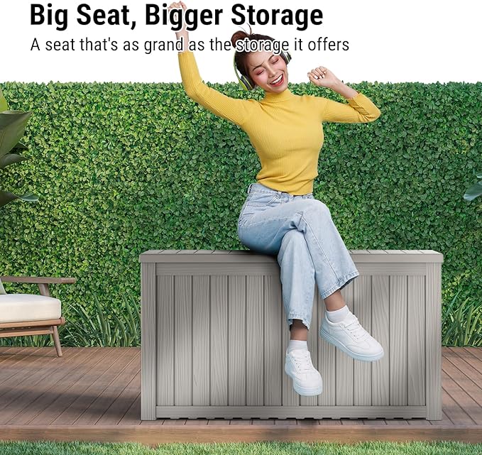 Mars Villa 180 Gallon Outdoor Storage Box, Large Resin Deck Box Waterproof, Storage Bin for Outside Patio Furniture Cushions, Pool Supplies, with Hydraulic Hinge, UV Resistant and Weatherproof, Greige