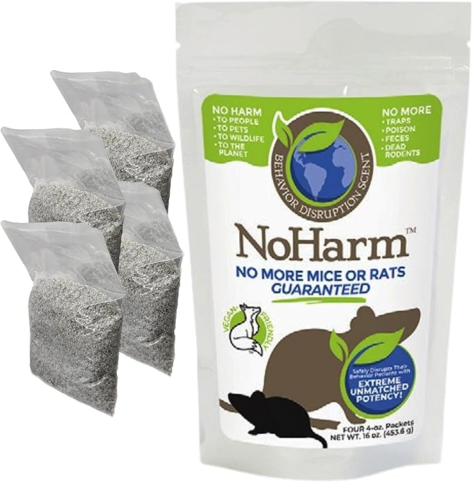 NoHarm Rodent Control | Smarter Than Repellent | Blocks Scent-Trails | Disrupts Mice and Rats | Safe | 4 Packets for Indoor Use
