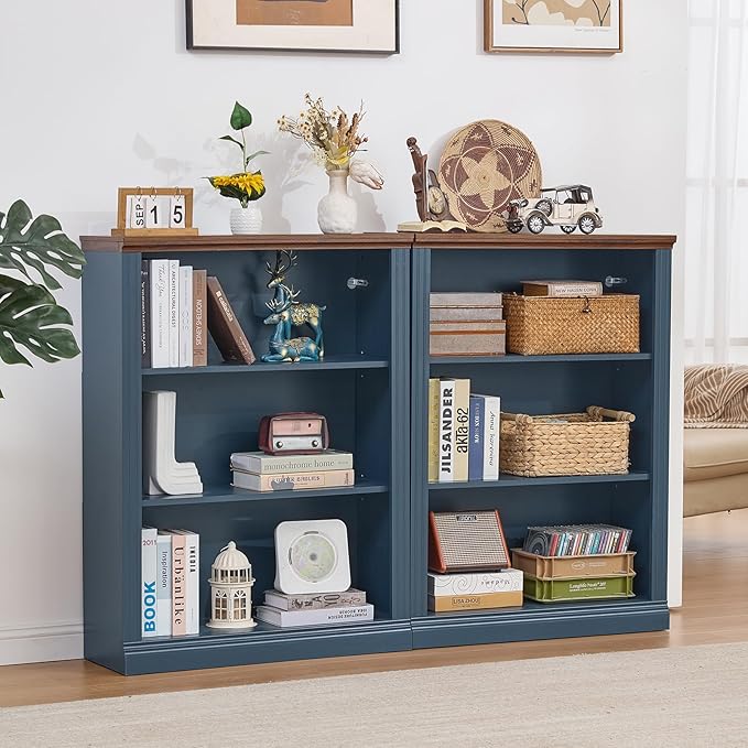 43" Blue Tall Bookshelf,3-Tier Thick Wooden Book Shelf with Adjustable Shelves,Free Standing Farmhouse Bookcase with Open Display Storage,Floor Vintage Bookshelves for Living Room,Office