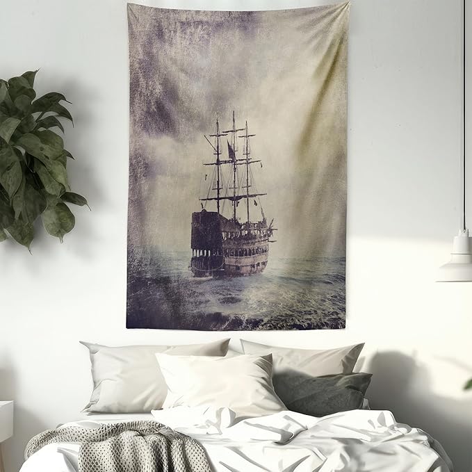 Ambesonne Nautical Tapestry Queen Size, Old Pirate Ship in the Sea Historical Cruise Retro Voyage Grunge Style Art, Wall Hanging Bedspread Bed Cover Wall Decor, 88" X 88", Tan Plum