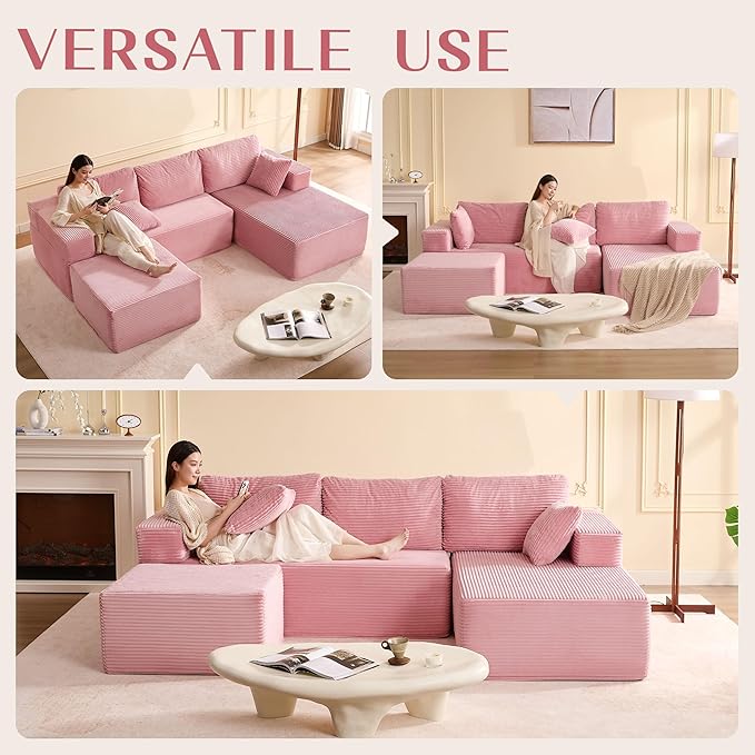 107" Boneless Couch with Deep Seat, Modular Sectional Sofa, Cloud Sectional Couch for Living Room, No Assembly Required, Corduroy, U-Shape 3 Seater Right, Pink
