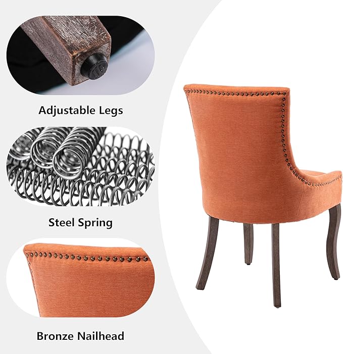 Farmhouse Dining Chairs Set of 4, Upholstered Fabric Dining Room Accent Chairs with Wood Legs & Bronze Nailhead, High Wingback Kitchen Chairs for Living Room Hotel Apartment, Orange