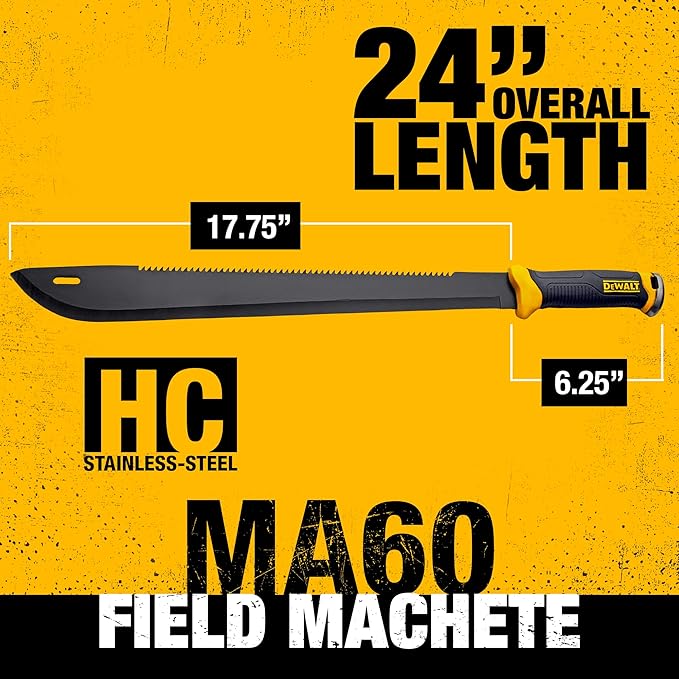 DEWALT 24 Inch MA60 Field Machete - Full Tang Stainless Steel Blade with Saw Back Construction & Non-Slip TPR Handle with Nylon Sheath for Brush Clearing, Yard Work, Camping & Outdoor Use