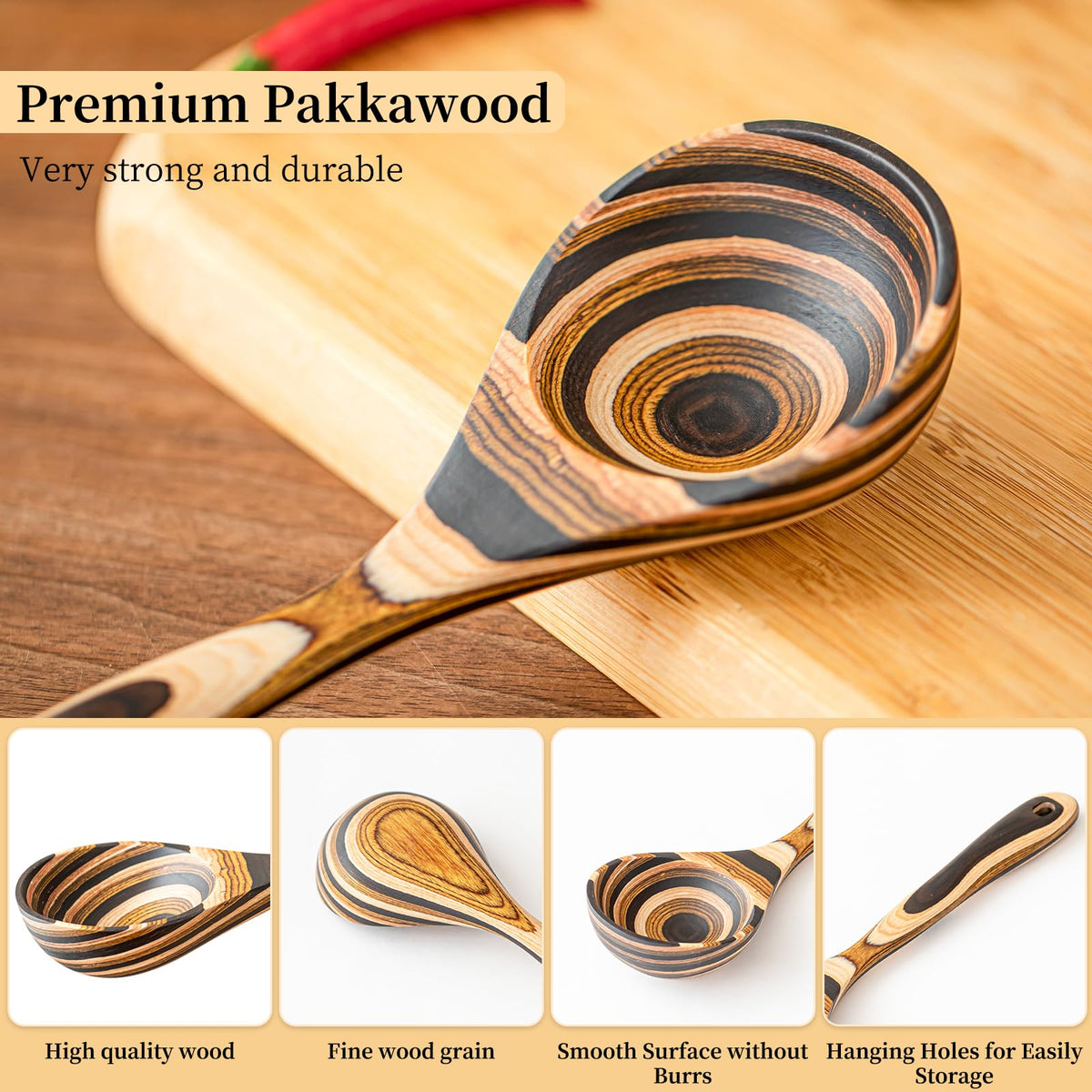Gudamaye Pakkawood Deep Soup Ladles, 10.6 inch Big Wooden Ladle for Cooking, Wooden Kitchen Utensils Set