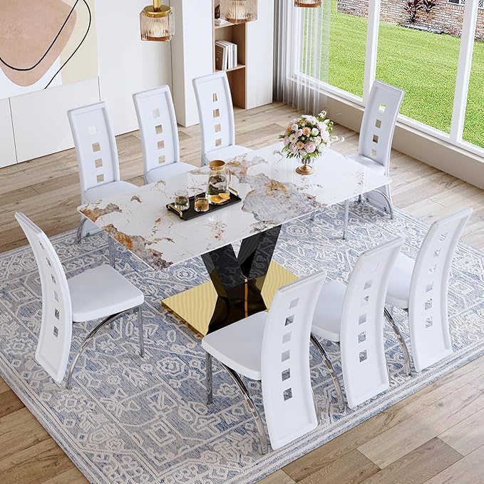 71'' Dining Table Set for 8,Rectangular Dining Room Table Set for 8,Marble Dining Table with 8 PU Leather Dining Chairs,Gold Dining Room Table with Glossy V-Shaped Base Ideal for Kitchen