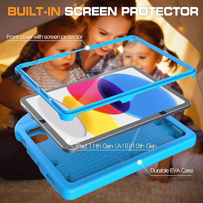 Kids Case for iPad (A16) 11th Generation 11 Inch 2025/iPad 10th Generation 10.9 Inch 2022 with Screen Protector and Pencil Holder Shockproof Handle Stand Cover for iPad 11/10 Gen Blue