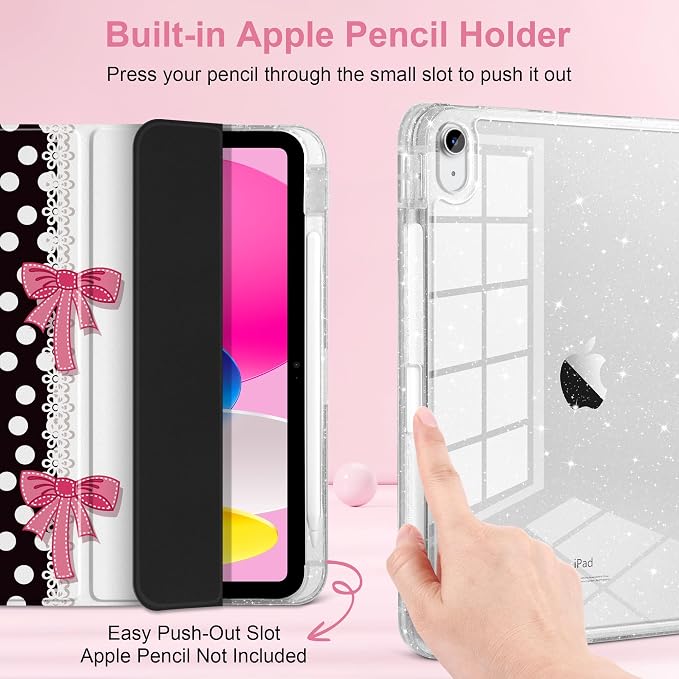 MEEgoodo Case for iPad A16 11th Generation 2025/10th Generation 2022 Glitter Tablet Cases with Transparent Acrylic Back+Trifold Stand +Pencil Holder+Auto Wake/SleepAbstract Sun &amp Palm Tree