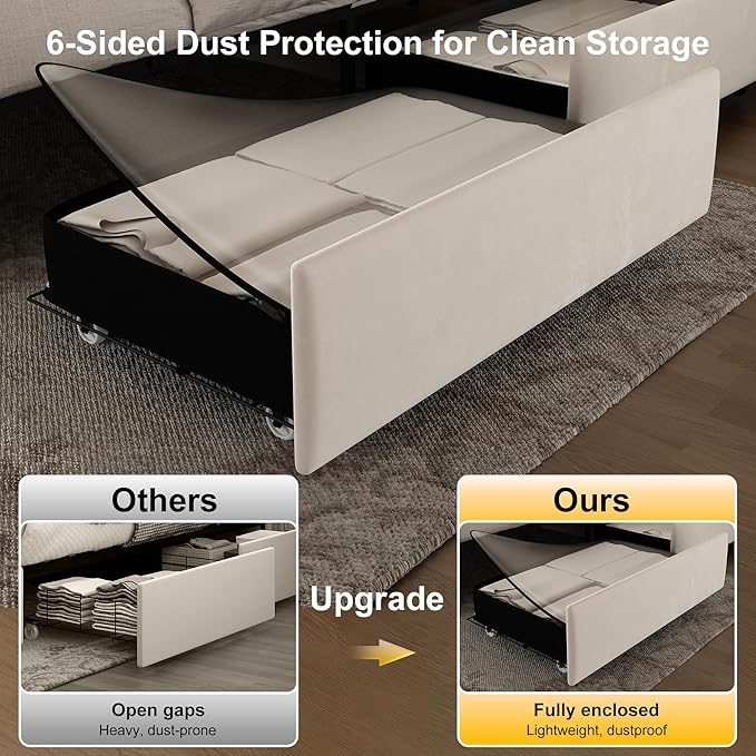 King Led Bed Frame with 4 Storage Drawers, Bed Frame with Led Lights No Box Spring Needed, 900 lbs Capacity, Easy Assembly, Velvet Cream