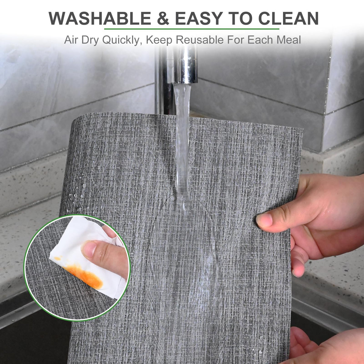 BETEAM Placemats Set of 6 Woven Vinyl Placemat for Dining Table Washable Wipeable Kitchen Place Mats Durable Indoor Outdoor Table Mats -01 Grey, 6 Pcs