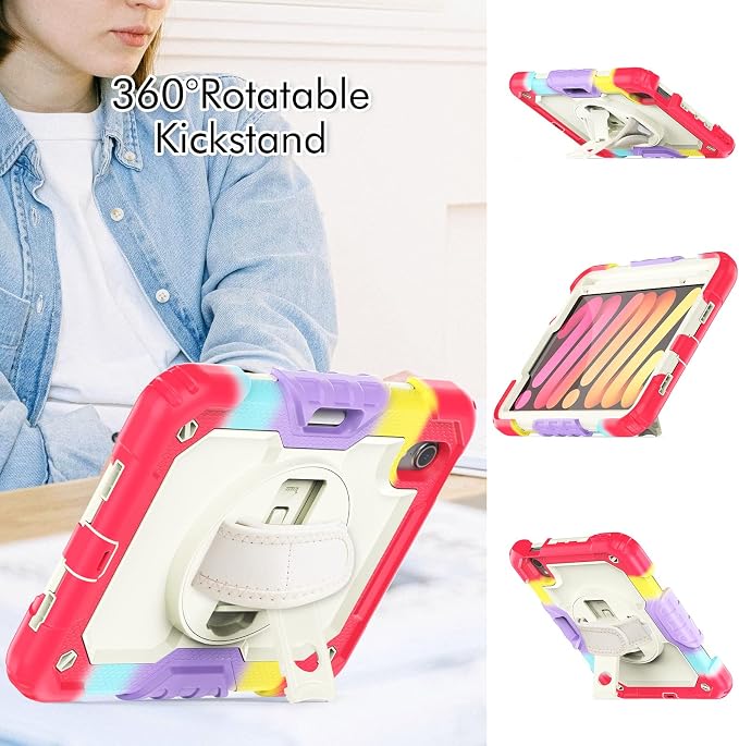 Case for iPad mini 7 (A17 Pro) 2024/ Mini 6 8.3'' with Pencil Holder Screen Protector [360 Rotating Hand Strap] &ampStand &ampShoulder Strap Shockproof Case for iPad mini 7th/6th Generation Purple