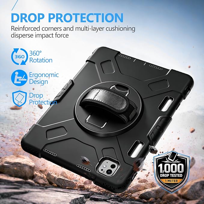 Case for iPad 9th/8th/7th Generation 10.2 Inch Black | Shockproof Protective Silicone Cover with Rotatable Stand-Screen Protector-Handle- Shoulder strap- Pencil holder