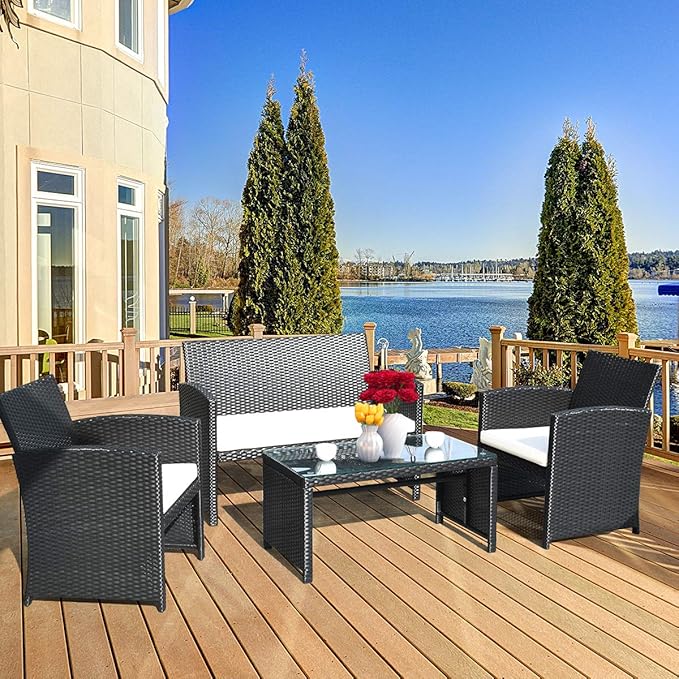 Tangkula Patio Wicker Conversation Furniture Set, Patiojoy Sofa & Table Set w/4 Seats, Outdoor Rattan Sofa Set for Balcony Backyard, Wicker Chair Set with Tempered Glass Coffee Table (2, White)