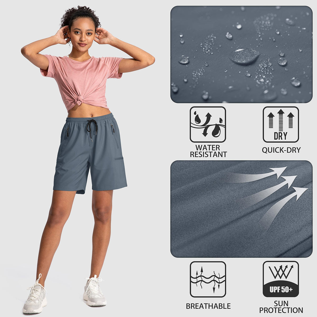 SANTINY Women's 5''/ 7''/9'' Hiking Cargo Shorts Quick Dry Lightweight Summer Shorts for Women Athletic Golf Zipper Pockets(Dusty Blue_S)
