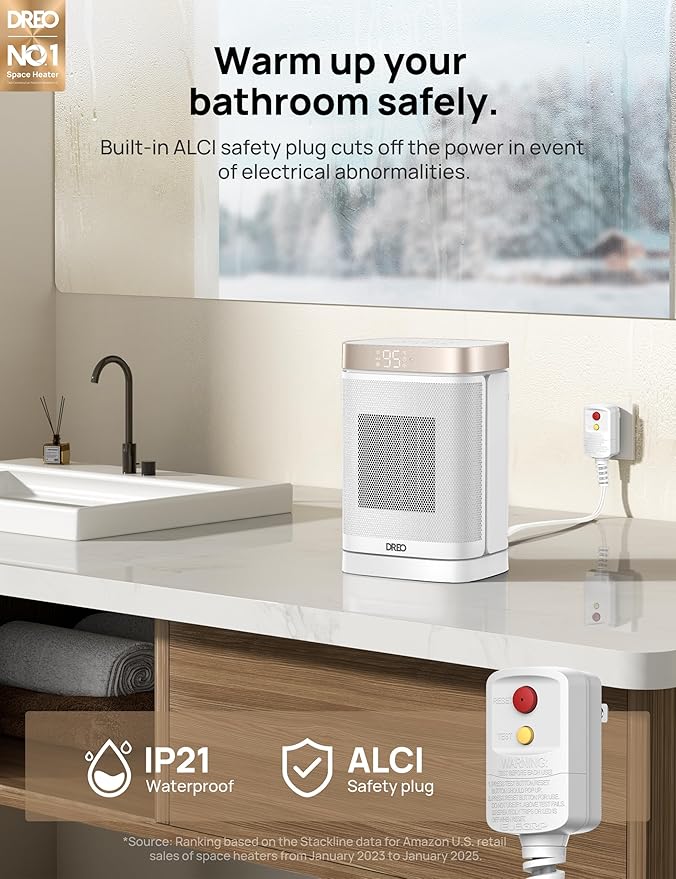 DREO Space Heater for Bathroom and Indoor, Portable Heater, 1500W Safe and Quiet PTC Ceramic Heater, 41-95°F Digital Thermostat, 70°Oscillating, Remote, ALCI Safety Plug, 12h Timer, 5 Modes, White