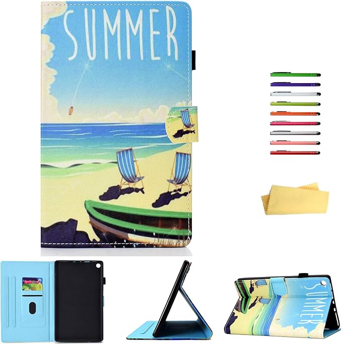 Kindle Fire HD 8 Tablet Case (8th/7th/6th Generation)Smart Stand Synthetic Leather Cover with Auto Wake/Sleep [Card &amp Pencil Holder] for 8 Amazon Fire HD 8 (2018/2017/2016) Blue Sea Beach