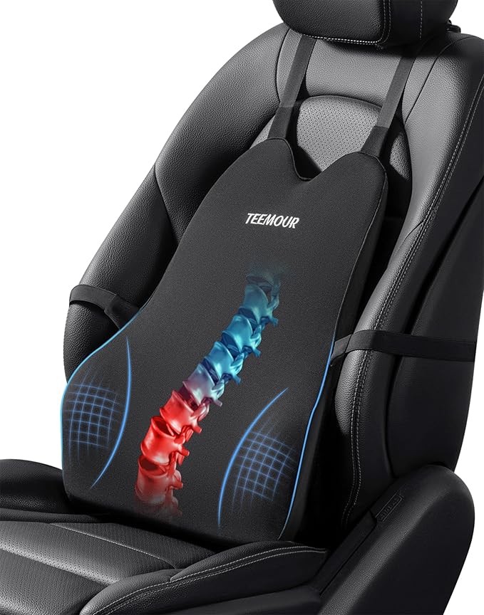 Lumbar Support Pillow for Car Truck Accessories Memory Foam Back Cushion for Driving Seat Lower Back Support, Lumbar Comfort for Long Drivvers Back Pain Relief, with Three Adjustable Straps Black