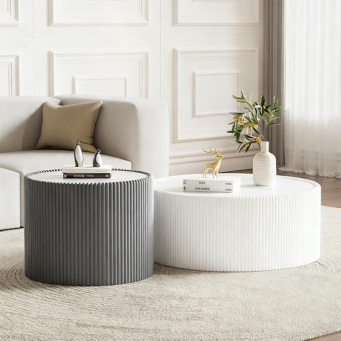 Round Coffee Table Set with Sintered Stone Tabletop, 29.52" White Drum Center Table and 17.71" Grey Coffee Table Set, 2 Pieces Living Room Table Set with Fluted PU Leather Cover& Stable Base