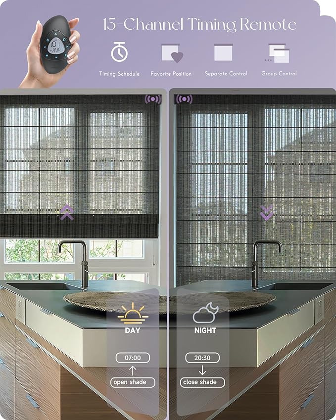 Graywind Smart Natural Roman Shades Compatible with Alexa Google Rechargeable Light Filtering Motorized Blinds with Remote Plain Fold for Doors Bedroom, Custom Size (Striped Taupe)