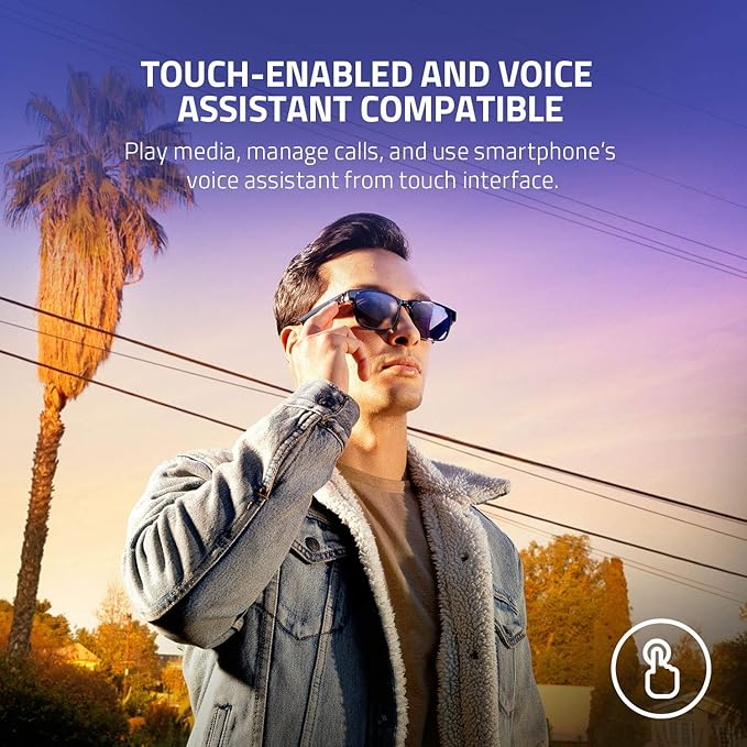 Razer Anzu Smart Glasses: Blue Light Filtering & Polarized Sunglass Lenses - Low Latency Audio - Built-in Mic & Speakers - Touch & Voice Assistant Compatible - 5hrs Battery - Round/Large