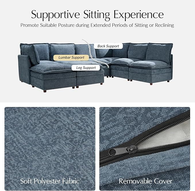 HULALA HOME 128'' Oversized Modular Sectional Sofa with Dual-Layered Cushions, 4 Seater Sofa with Storage Ottoman and Removable Cover, Modern Deep Seat Cloud Couch for Living Room, Blue