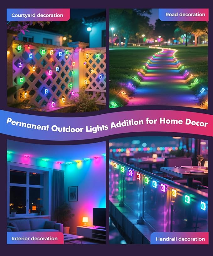 POOFZY Permanent Outdoor Lights for House,16.5ft RGB+IC Smart Outdoor Decor, 50 Scene Modes,App/Remote Control,IP67 Waterproof,for Christmas,Halloween,Daily & Holiday Party Decor,House Roof Lighting