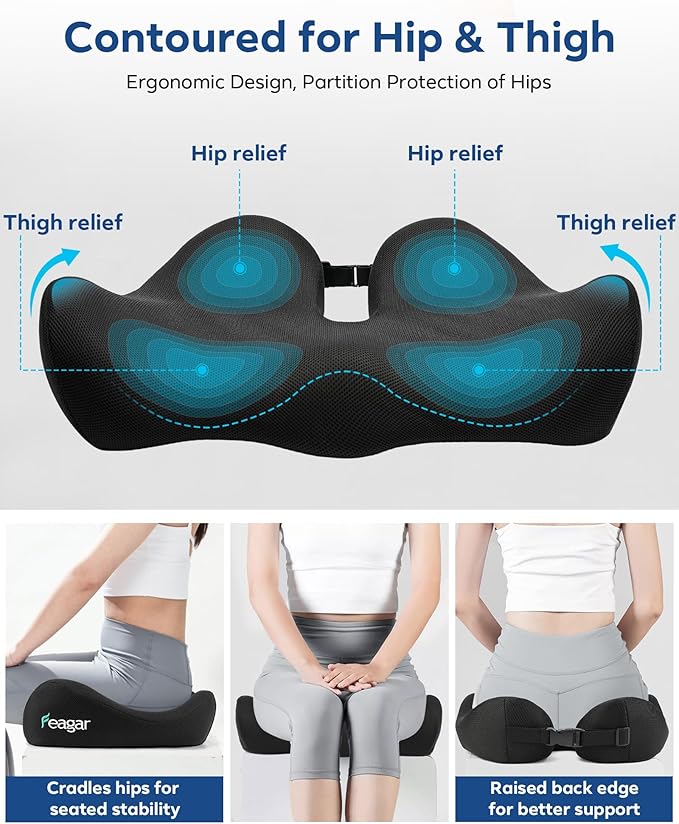 Feagar Office Chair Cushion for Sciatica & Tailbone Pain Relief – Extra Thick Memory Foam Seat Cushion for Long Sitting, Desk Chair & Wheelchair, Non-Slip Bottom