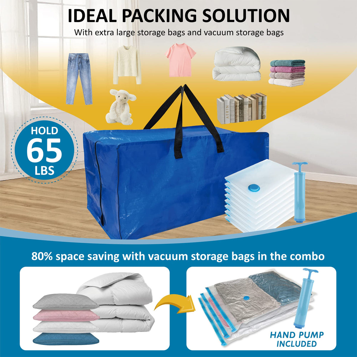 16 Pack Heavy Duty Extra Large Moving Bags with Backpack Straps & Large Vacuum Storage Bags Moving Supply Combo, Moving Totes with Handles & Zippers for Space Saving, Fold Flat, Includes Vacuum Bags