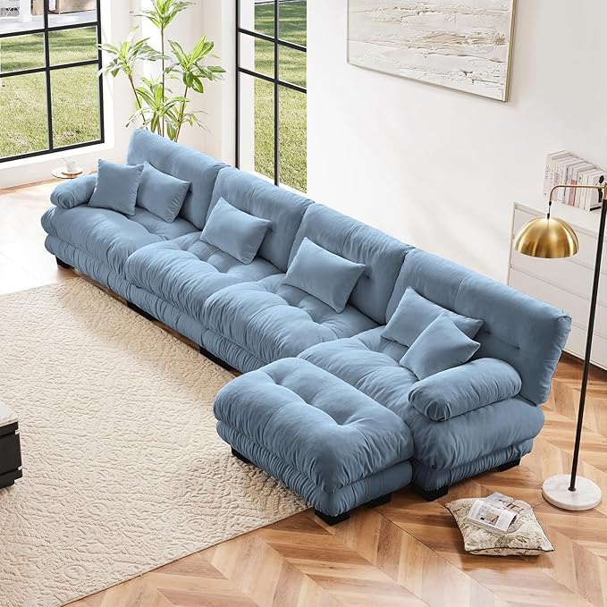 173.2" Oversized Couch, 4 Seater Modular Sectional Sofa, Blue Large L Shaped Sectional Couches for Living Room, Fluffy Chenille Fabric Cloud Couch with Ottoman, Deep Seat Sofas