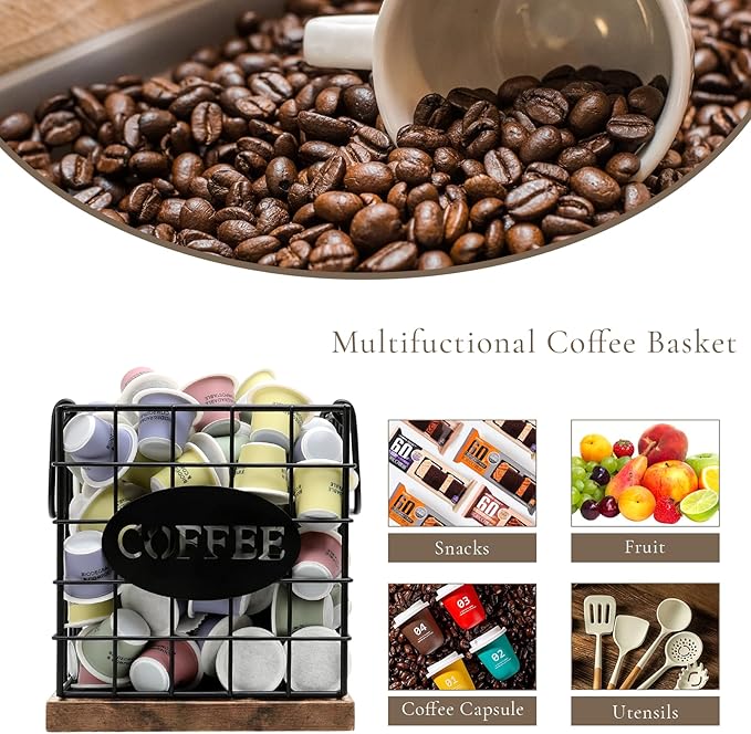 Coffee Pod Holder Organizer,Large Capacity K Cup Holder Organizer, Storage Basket for Kitchen Countertop Office Coffee Bar with Wooden Base(Rustic Brown-Square)