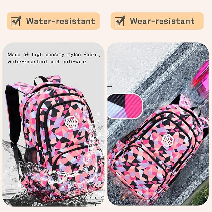 Bansusu 3Pcs Purple-a-3pcs Geometric Print Backpack and Lunch-Bag Set for Girls School Elementary Bookbags, 12.205.9016.53inch, 19 Liters