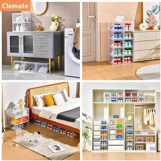 Clemate Upgraded X-Large Shoe Storage Box,8 Pack,Shoe Box Clear Plastic Stackable,Drop Front Shoe Box with Clear Door,Shoe Organizer and Shoe Containers For Sneaker Display,Fit up to US Size13
