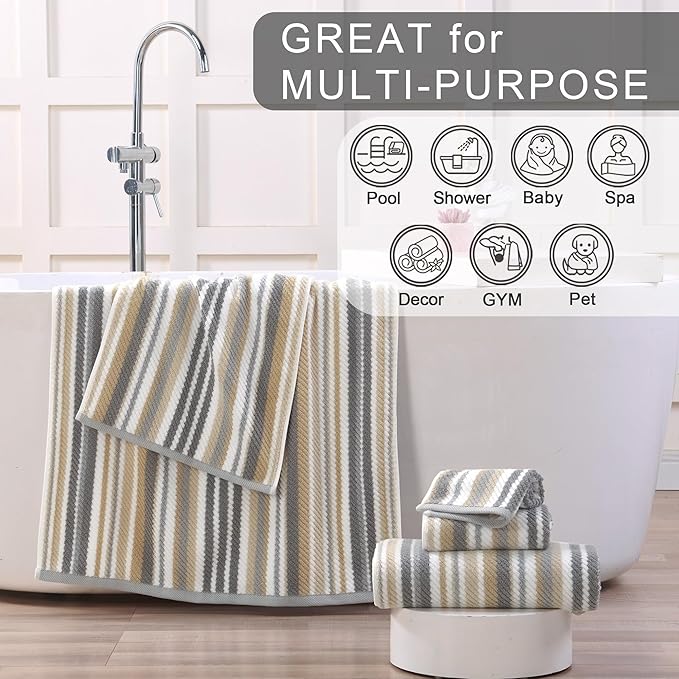 Cotton Towels Set of 3, 3PC Striped Towels - 100% Cotton & Quick Dry - 1 Soft Bath 28"x52", 1 Absorbent Hand 16"x27", 1 Lightweight Washcloth 13"x13", Tan Body Towel with Hanging loop, Gray + Beige