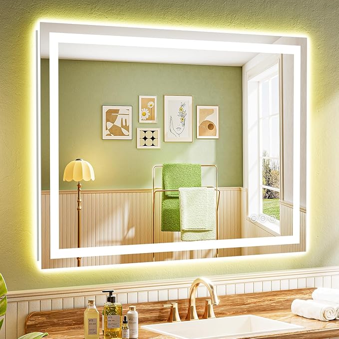 YEELAIT 44x32 Inch LED Bathroom Mirror with Lights Front and Backlit Lighted Vanity Mirror for Bathroom Wall with 3 Colors Dimmable Anti-Fog Memory Shatter-Proof IP54 Waterproof Horizontal/Vertical