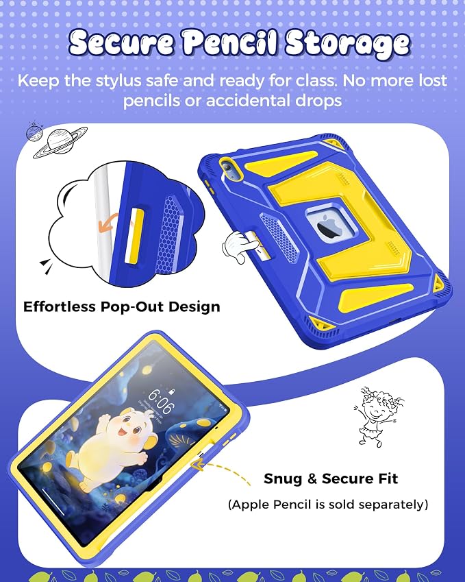 INFILAND Kids Case for iPad A16 11th Generation 11 Inch (2025) iPad 10th Generation 10.9 Inch (2022) Heavy Duty Rugged Shockproof Protective Cover with Dual-Support Folding Kickstand (Black)