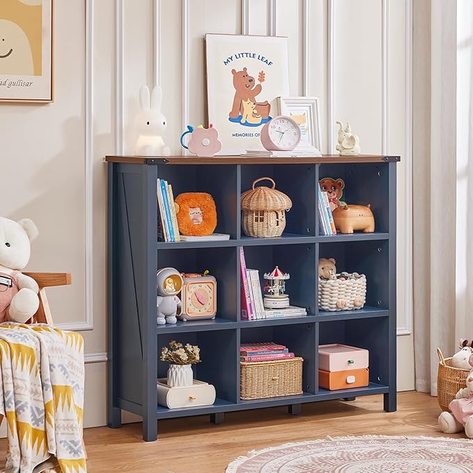 9 Cube Bookcase, Farmhouse 47 Inch Wide Navy Blue Bookshelf, Wooden 3 Tier Display Large Open Book Shelf, Vintage Horizontal Book Case for Home Office, Cubby Storage Cabinet for Living Room