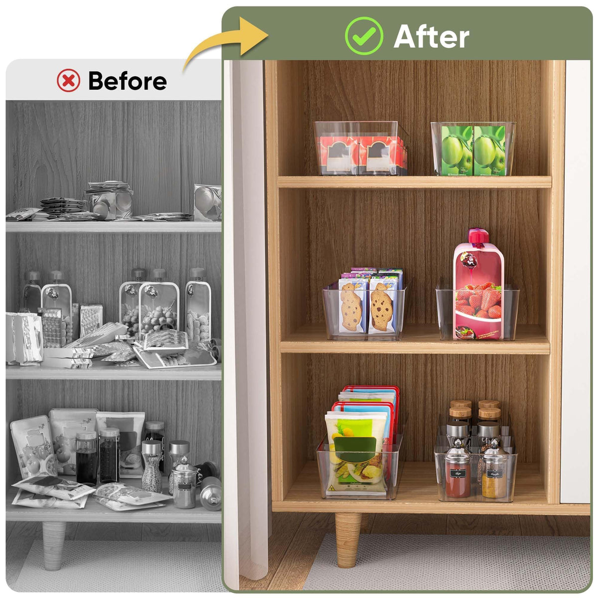 BALEINE Clear Plastic Storage Bins with 3 Removable Dividers, Pantry Organization, BPA Free Stackable Refrigerator Organizers and Storage for Kitchen Fridge Cabinet Bathroom (10.5x6.1x3.5, 4PK)