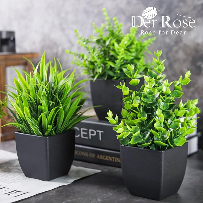 Der Rose 4 Pack Fake Plants Small Artificial Mini Faux Plants Indoor Black Bathroom Accessories for Room Home Office Shelf Decor