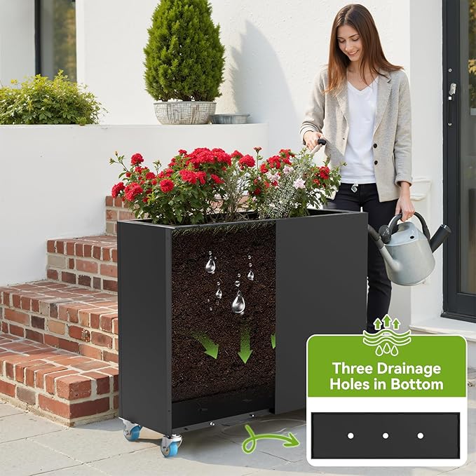 Metal Flower Planter with Drainage Holes & Removable Shelf Large Rectangular Planter Black for Outdoor Indoor Patio Porch 38 x 13 x 30inch Modern Design for Plants Flowers Vegetables Fruits