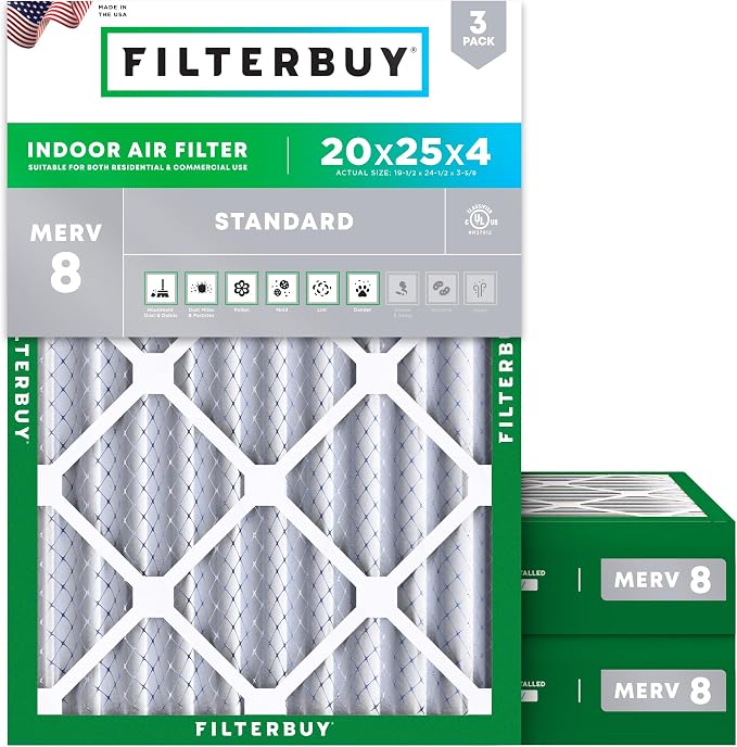 Filterbuy 20x25x4 Air Filter MERV 8 Essential Dust & Allergy Defense,
