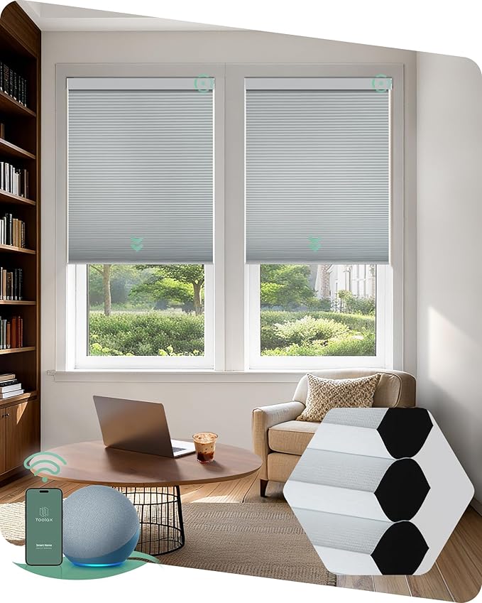 Yoolax Smart Blinds, Motorized Cellular Shades Compatible with Alexa, Blackout Electric Blinds with Remote for Indoor Windows, Automatic Energy Saving Honeycomb Shades, White, 22" W x 72" H