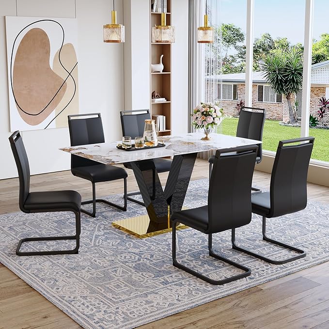 71'' Dining Table Set for 6,Modern Dining Room Table Set for 6,Marble Dining Table with 6 PU Leather Dining Chairs,Gold Dining Room Table with Glossy V-Shaped Base Ideal for Kitchen