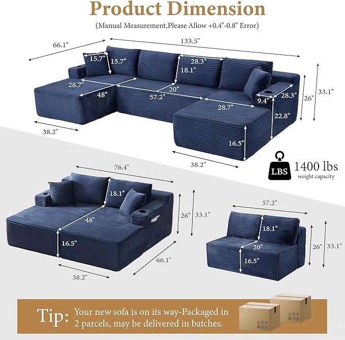 133" Couches for Living Room Deep-Seat Sectional Couch for Living Room Corduroy Boneless Couchs U-Shape Cloud Couch Flexible Modular Sectional Sofa with Chaise Lounge (Blue, with Cup Holder)