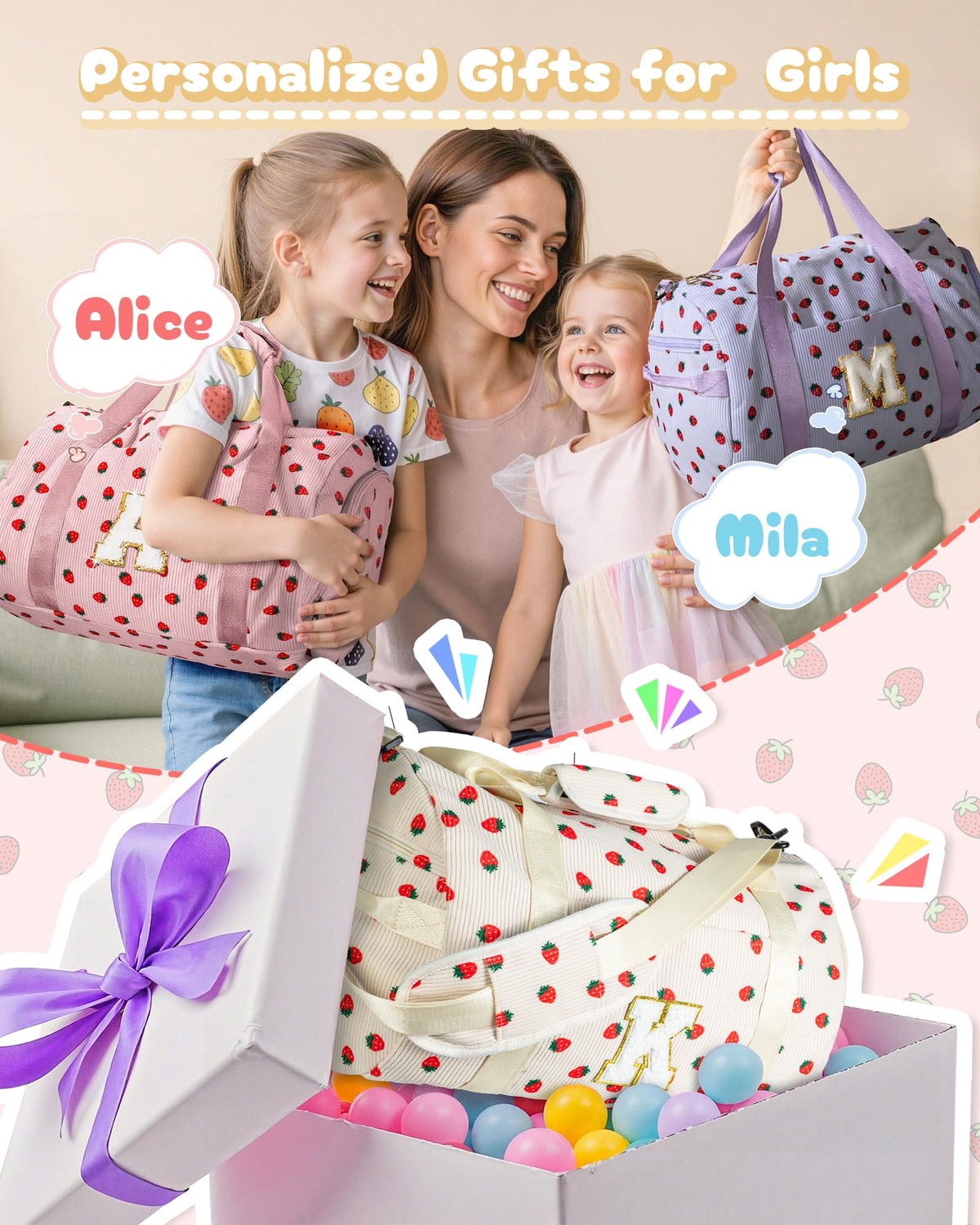 Vogewood Holiday Gift Set, Girls Gym Bag, Kids Personalized Weekend Duffel