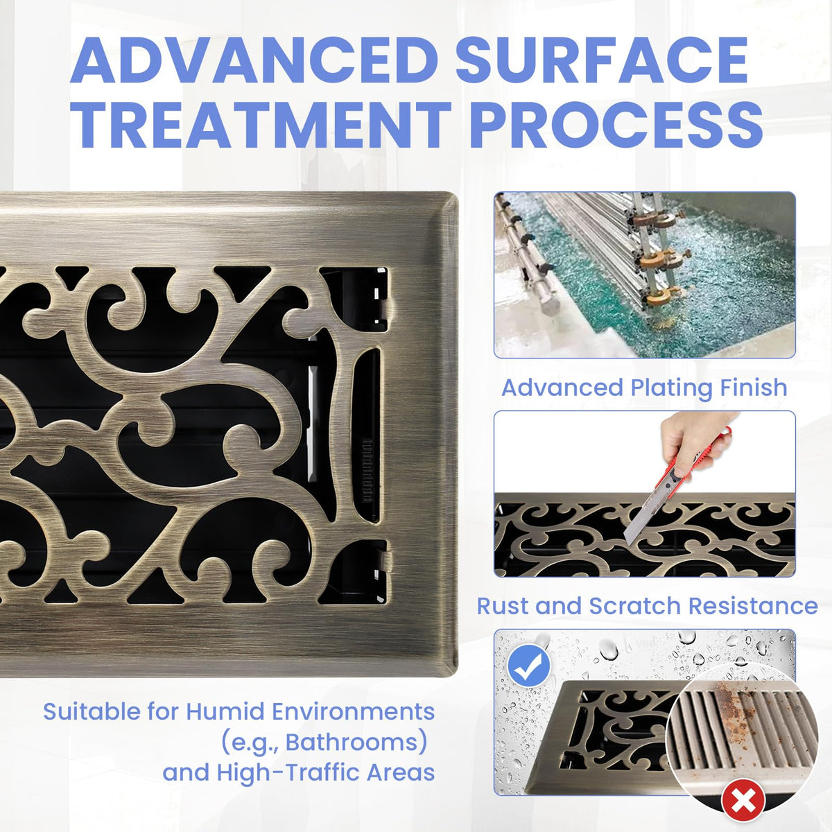 Howeall 4x10 Inches Heavy Duty Walkable Floor Register - Easy Adjust Air Supply Lever Decorative Floor Vent Covers - Savannah Design Vent Covers for Home - Antique Brass
