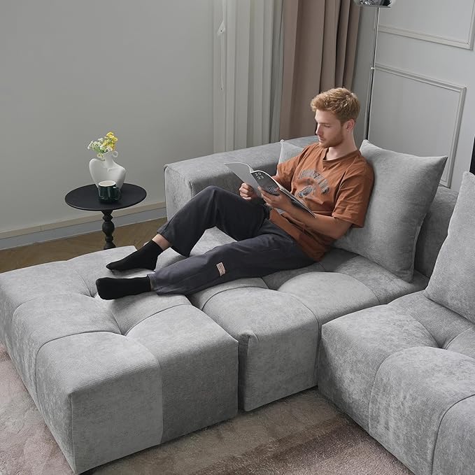 JACH 144.1 Inch U-Shaped Modular Sofa, Mid Century Modern Deep Seat Sectional Couch, 3-Seater Sofas with Chaise Ottomans for Living Room, Cozy Sofas for Apartment, Living Room (Linen Fabric, Grey)