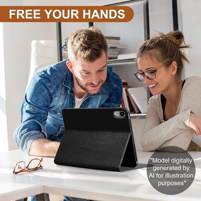 Genuine Leather Case for iPad 11th Gen 11/10th Gen 10.9 Black | Pencil Holder Adjustable Stand Auto Wake/Sleep Shockproof
