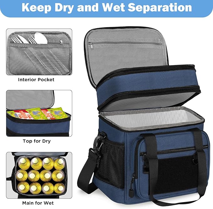GLENKEY Double Deck Insulated Lunch Box, Expandable Xlarge Lunch Bag Leakproof Cooler Bag Lunch Pail for Men Women Adults Work Shifts Travel Daytrip,22L,Blue