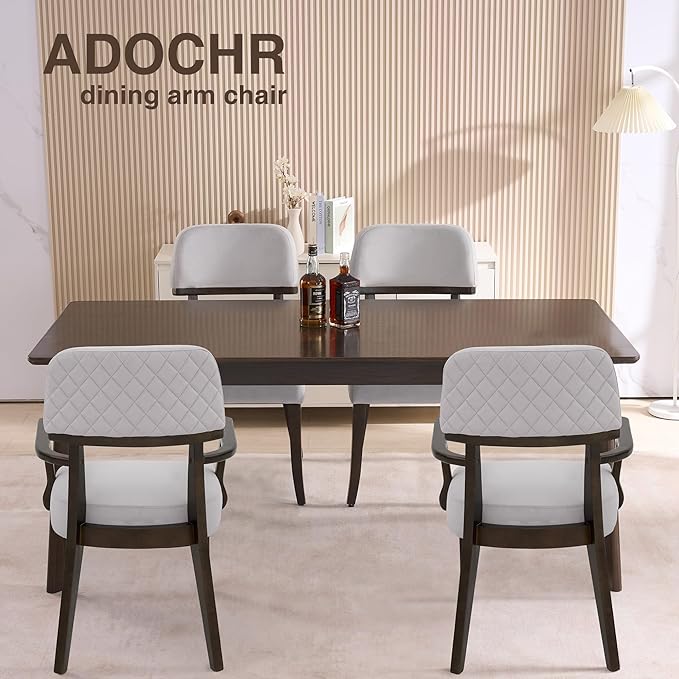 Modern Wood Dining Chairs with Arms Set of 4, Velvet Upholstered Kitchen Chairs with Open Curved Backrest & Black Hardwood Legs, Accent Chairs 350 LBS Capacity, Grey