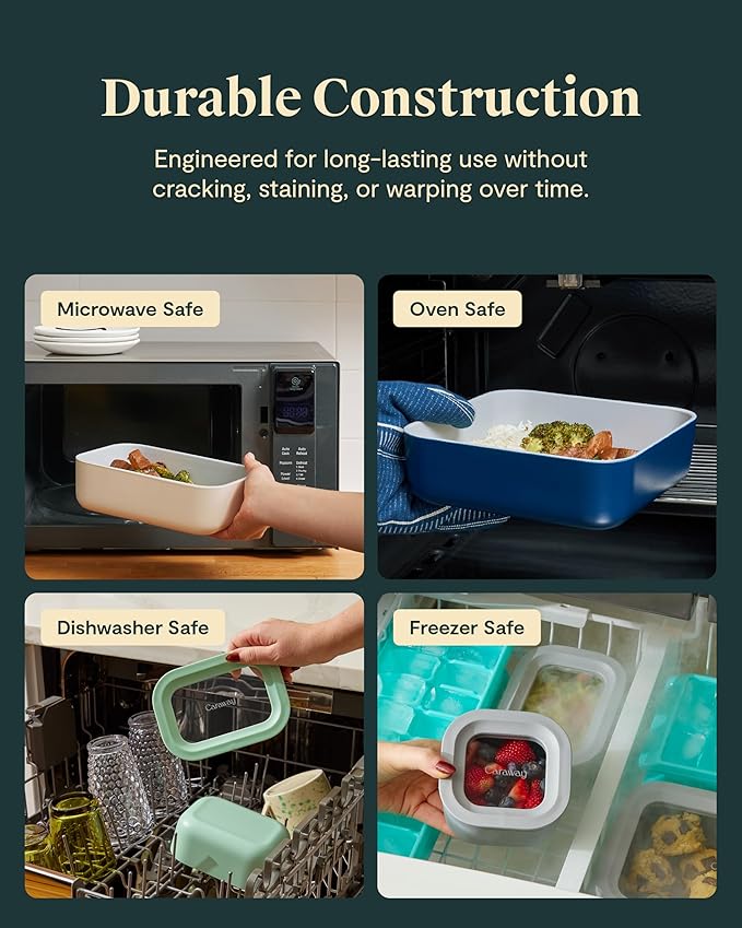 Caraway Glass Food Storage - 10 Cup Glass Container - Ceramic Coated Food Container - Non Stick Lunch Box with Lids - Dishwasher, Oven, & Microwave Safe - Square Shape - Mist